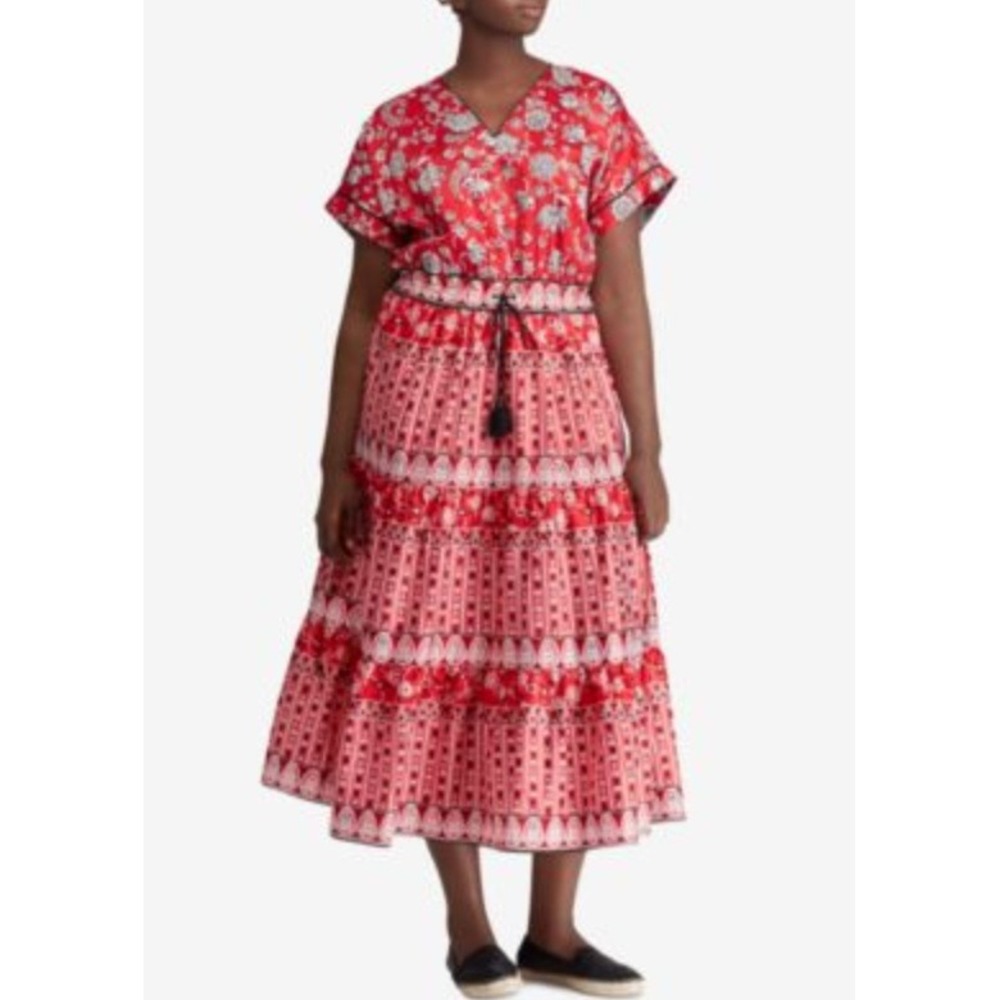 Ralph Lauren Floral Satin Tiered Cotton Maxi Dress Red 16W Boho Resort NWT